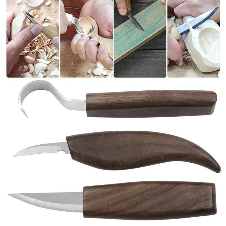 Wood carving knife set with three curved blades and wooden handles