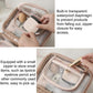 Pink transparent makeup bag open with clear waterproof compartments and zip closure