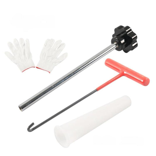 Tire valve stem installation tool set with T-handle, probe rod, white seal, and gloves