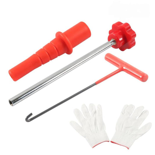 Valve stem installation/removal tools with orange handle, T-hook, probe rod, and gloves