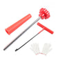 Valve stem tool set with red handle, long probe rod, T-hook, white seal, and gloves