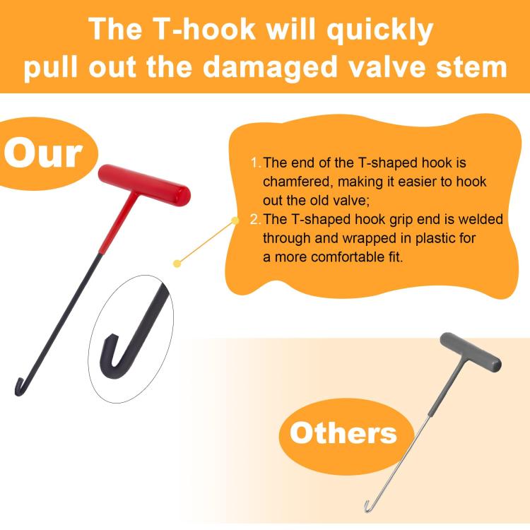 T-shaped hook valve stem tool with red handle and black hooked end