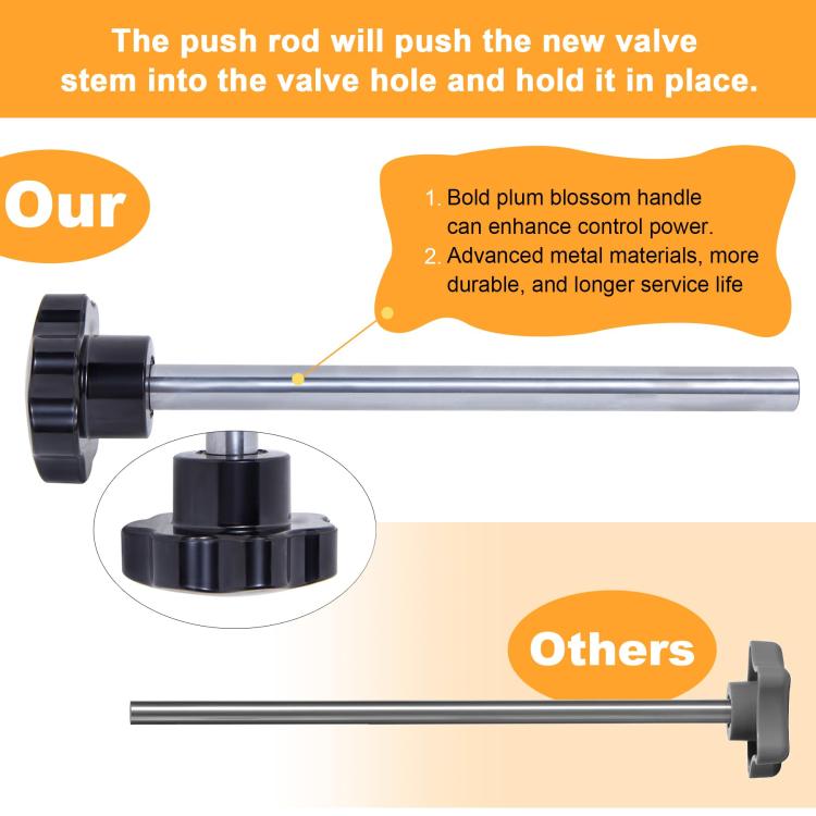 Valve stem installation push rod tool with long metal shaft and black end cap