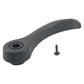 Dark gray car seat adjustment handle with screw and round mounting hole.
