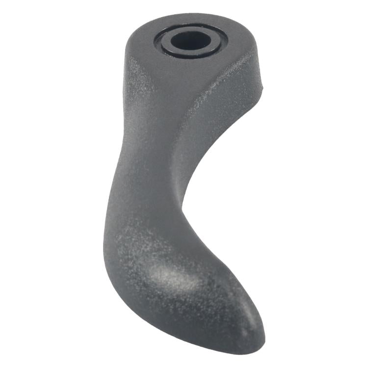 Dark gray curved car seat adjustment handle with round mounting hole detail.
