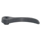 Dark gray car seat adjustment handle with circular mounting hole on top.