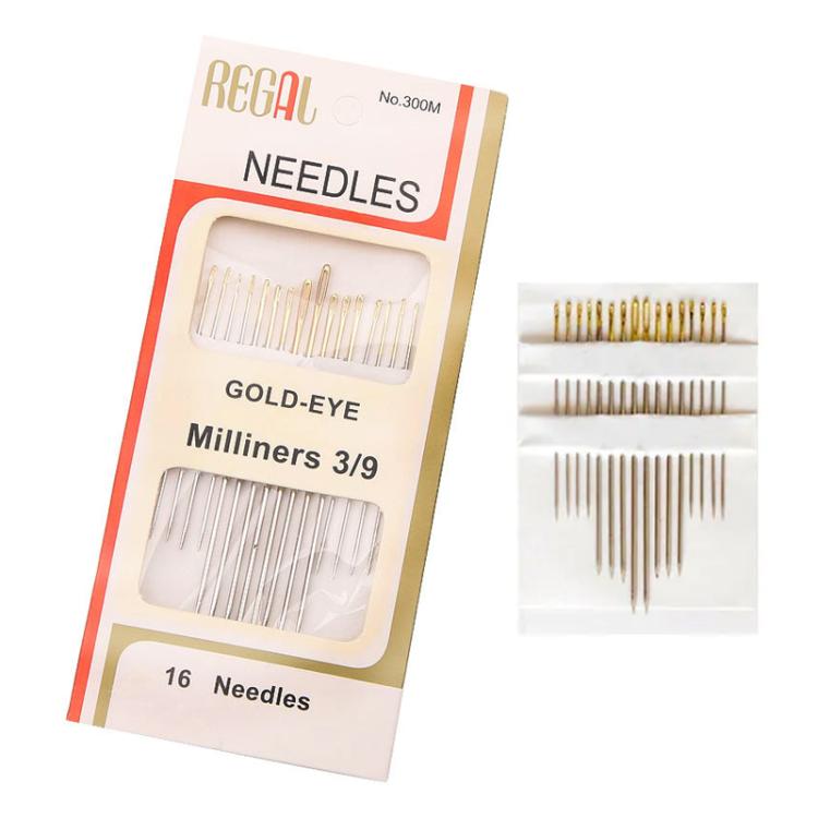 Gold-eye milliners hand sewing needles set, size 3/9, 10pcs, loose needles shown