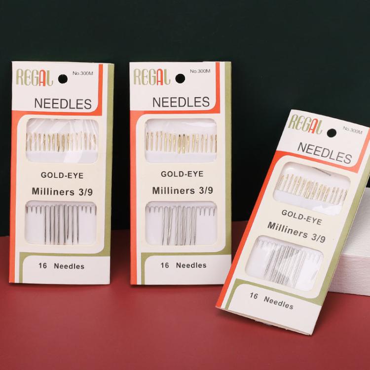 REGAL gold-eye milliners needle packs, size 3/9, 16 needles each, boxed set
