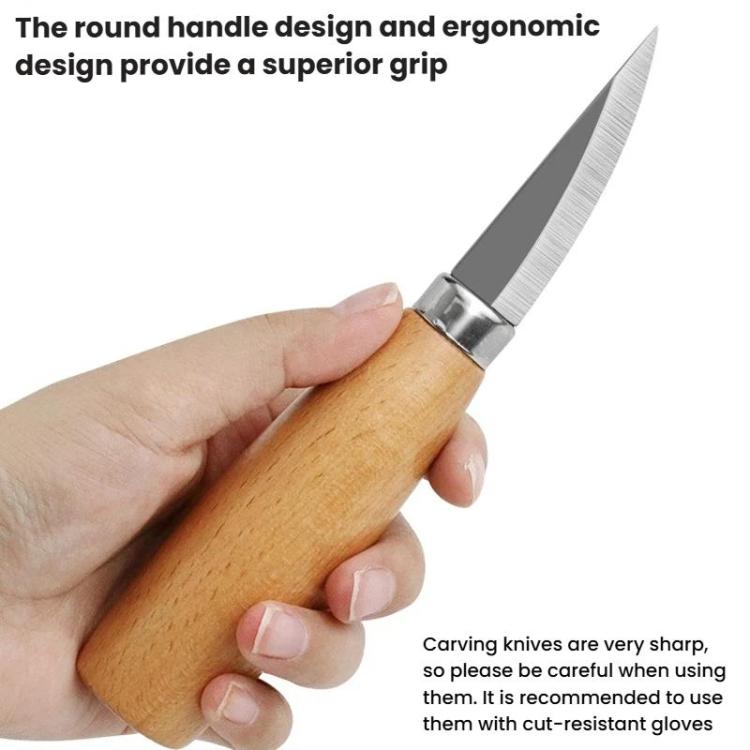 Beech-handled carving knife with curved metal blade, held in hand