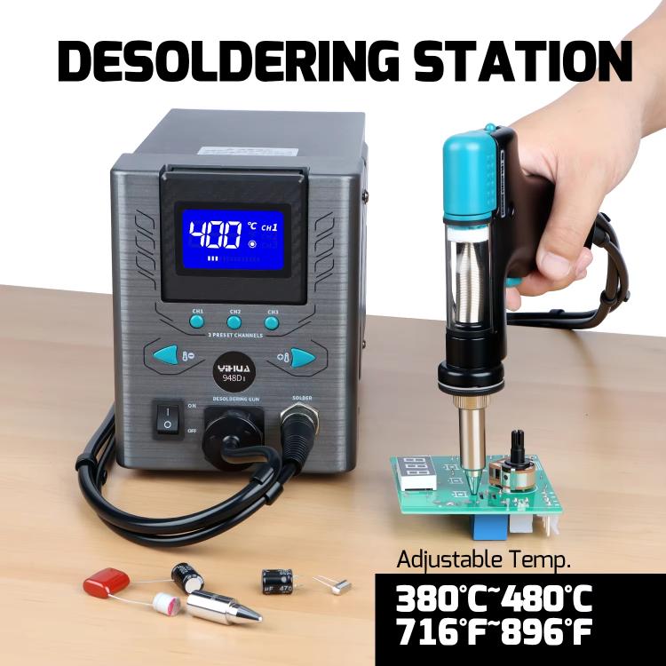 Desoldering station with blue LCD screen and teal gun in use on PCB with hand