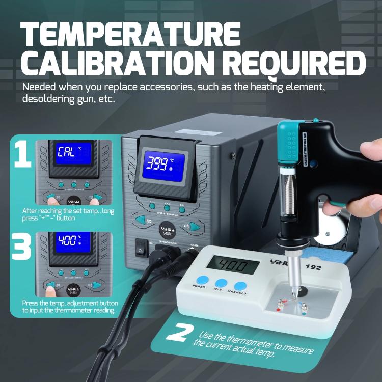 Desoldering station and teal gun with thermometer on PCB for temperature calibration