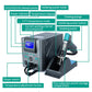 Desoldering station front panel with blue LCD display and suction gun on stand