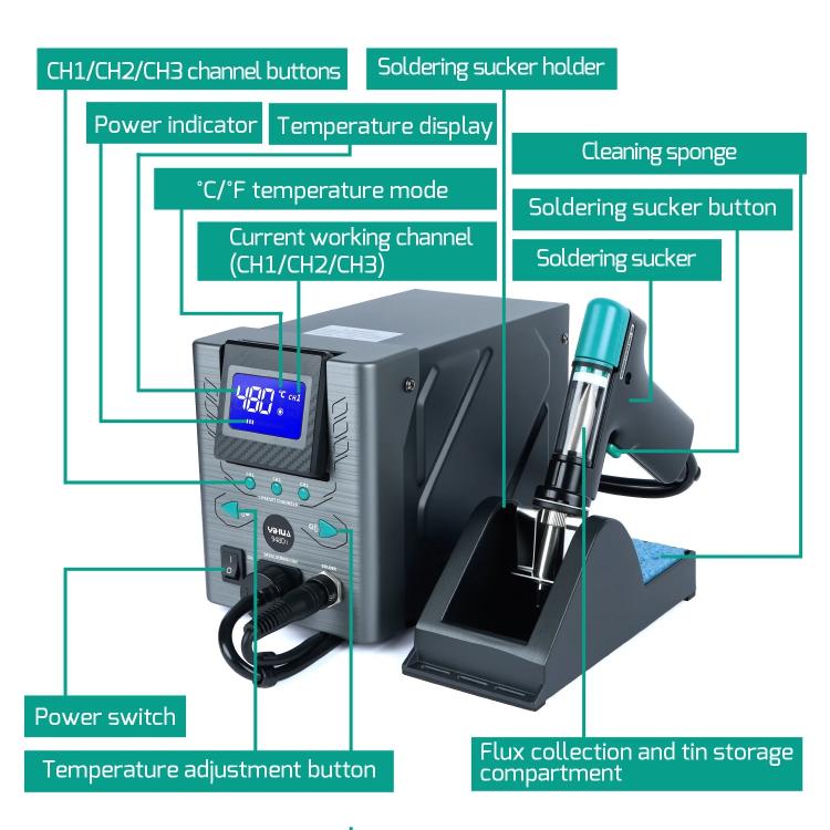 Desoldering station front panel with blue LCD display and suction gun on stand