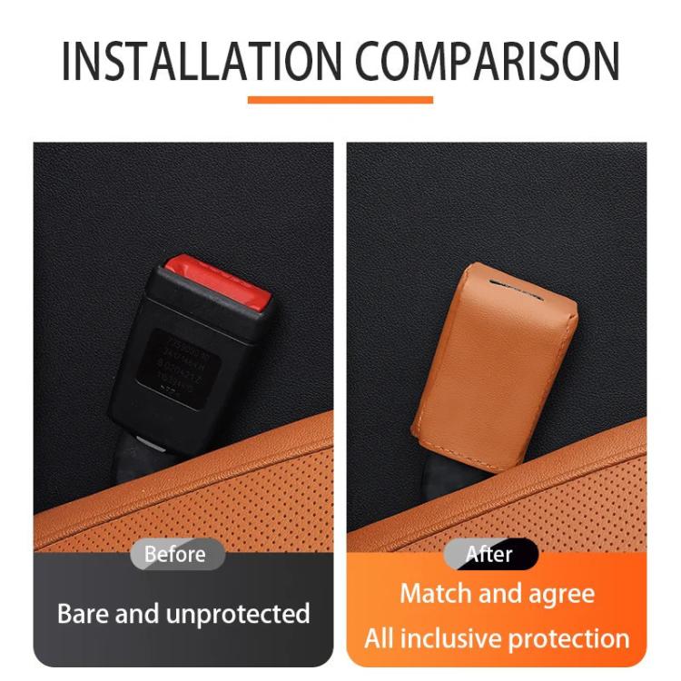 Orange leather car seat belt buckle protector cover fitted on car seat belt.