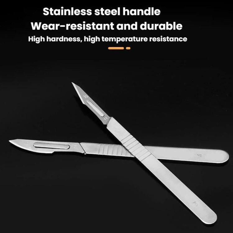 Two stainless steel utility knives with slim handles and flat card-blade tips
