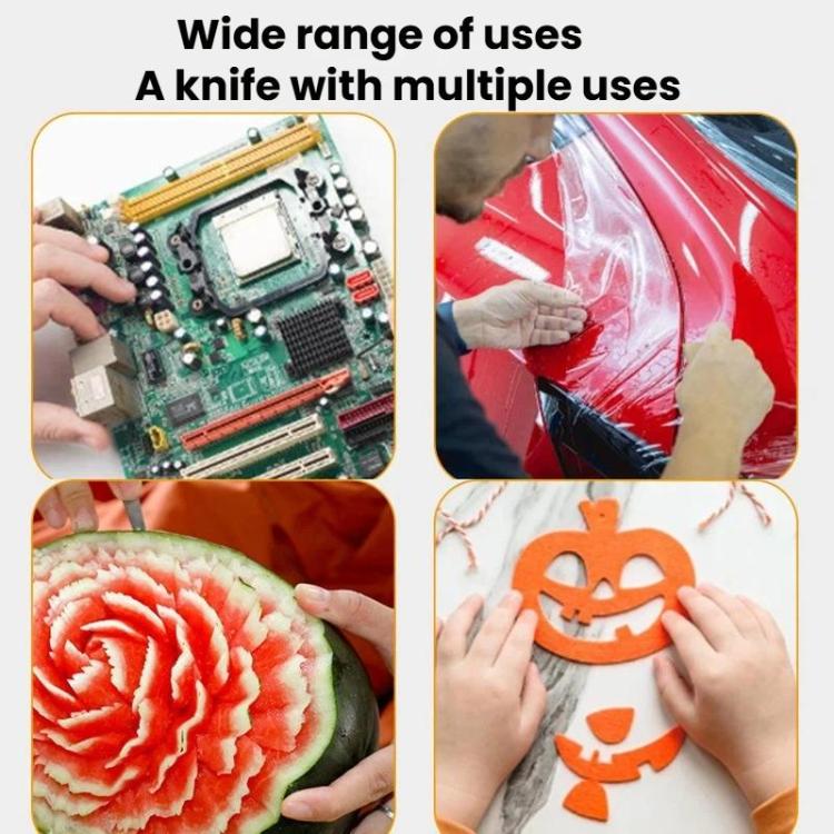 Multipurpose tool set showing use on electronics, film, and carved decorations