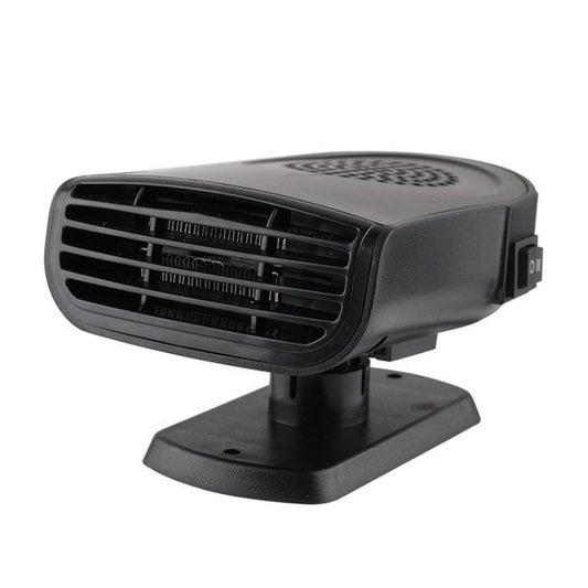 Black car heater fan with vented front grille and stand base