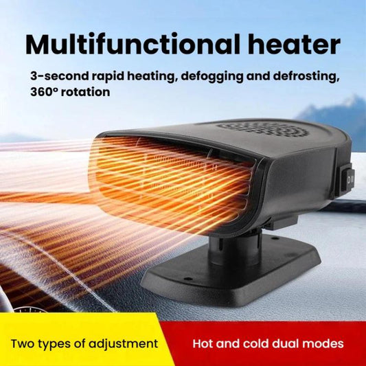 Black car heater fan with warm vent glow and airflow direction