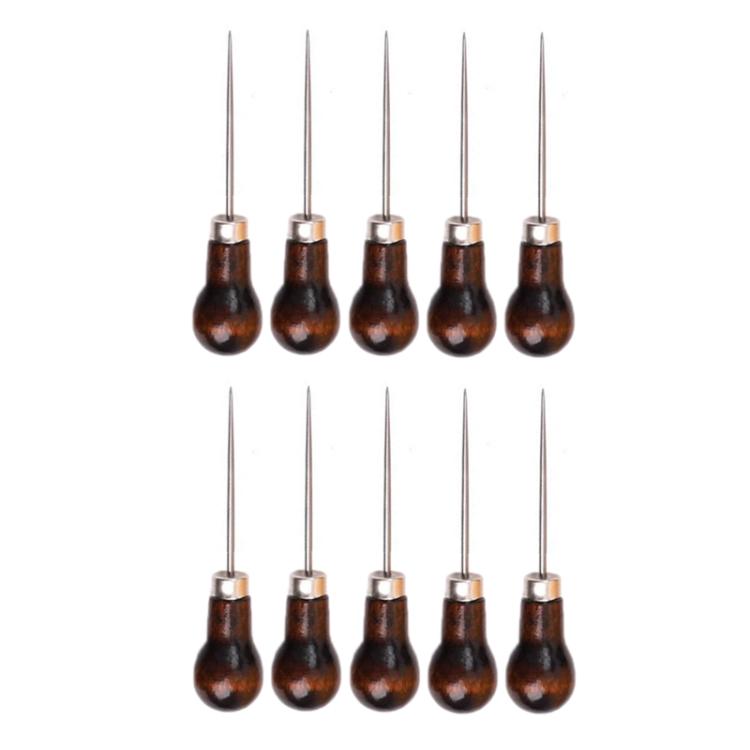 Leather drilling awl set with dark wooden handles and straight steel needles, multiple pieces