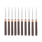 Straight-handled leather awl tools with dark wood grips and long steel needles