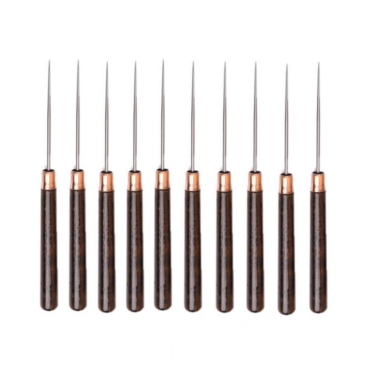 Straight-handled leather awl tools with dark wood grips and long steel needles