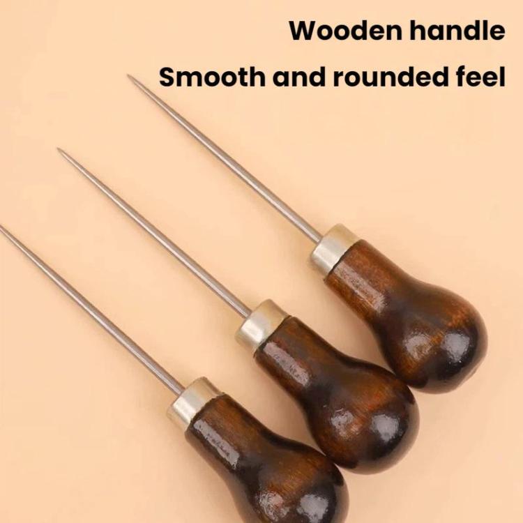 Set of wooden-handled awls with smooth dark handles and straight metal needles