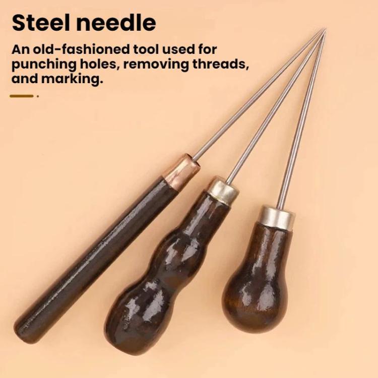 Steel needles on dark wooden handles for leather punching, multiple awls