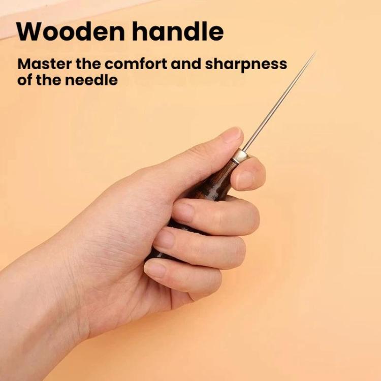Handheld leather awl with dark wooden handle and pointed steel needle
