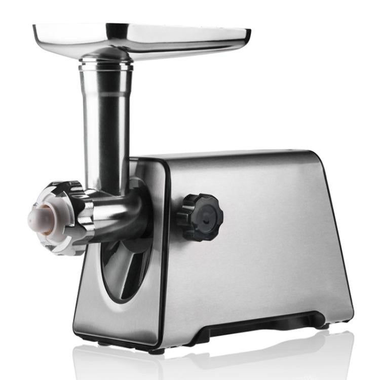 Stainless steel electric meat grinder with sausage stuffer, compact countertop design