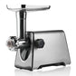 Electric meat grinder with stainless steel hopper and black power switch control