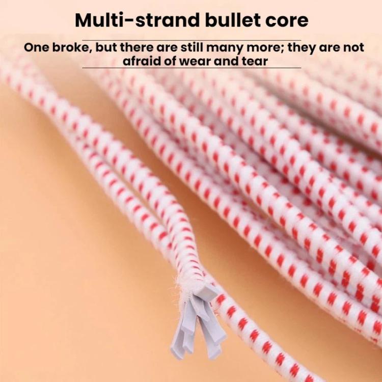Close-up of striped elastic waistband cord ends with multi-strand core detail