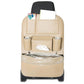 Beige car seat back leather storage organizer with side pockets and hanging trash bag