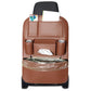 Brown car seat back leather storage organizer with side cup holders and hanging trash bag