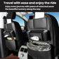 Black car seat back storage organizer on two seats with hanging trash bag and compartments