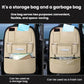 Car seat back storage organizer that holds items and functions as a hanging trash bin