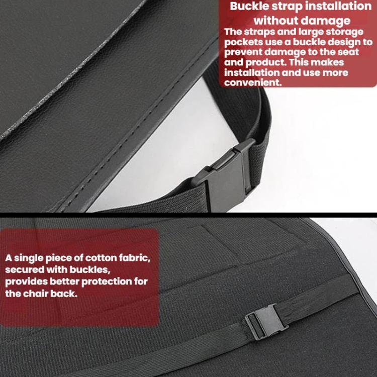 Black car seat back storage organizer with buckle straps and secure fabric backing