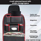 Black car seat back storage organizer with multiple pouches for cards, tissue, and bottles