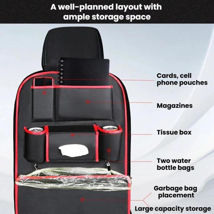 Black car seat back storage organizer with multiple pouches for cards, tissue, and bottles