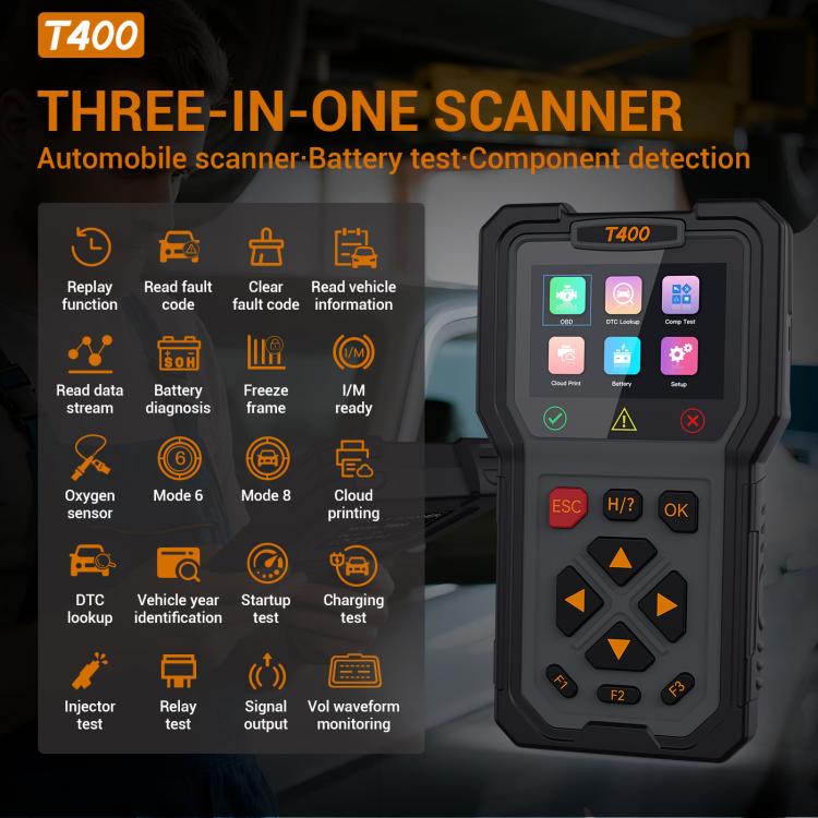OBD2 fuel injector diagnostic tool with colorful home-screen icons and function buttons