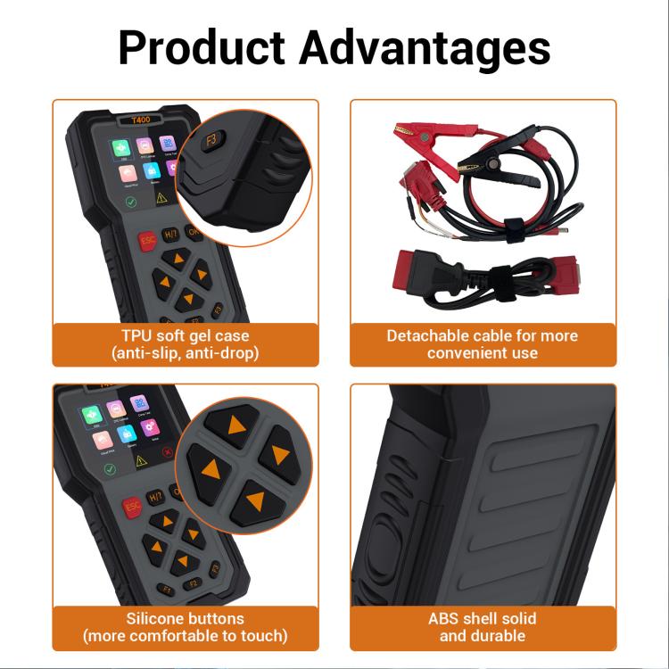 OBD2 diagnostic tool feature view: silicone buttons, TPU anti-slip case, durable ABS shell