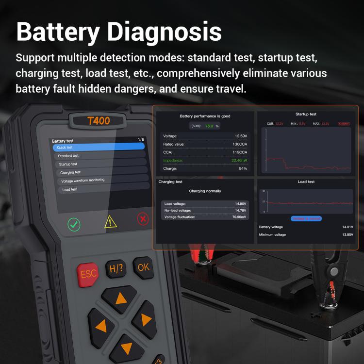 OBD2 fuel injector diagnostic tool battery diagnosis test screen on handheld device