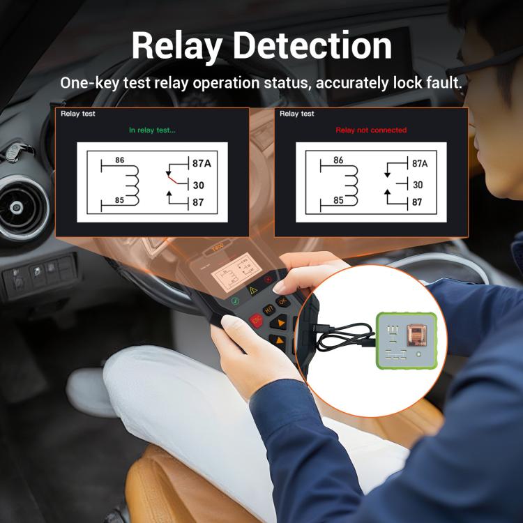 OBD2 fuel injector diagnostic tool relay detection test with wiring diagram on screen