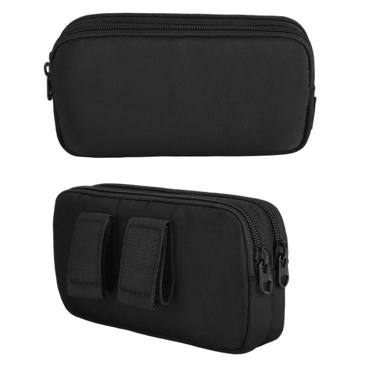 Black double-pocket zip fanny pack with adjustable strap, front and side view