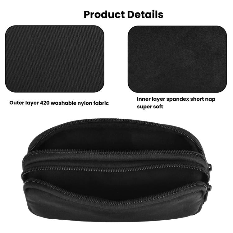 Black zip waist bag with textured outer layer and soft inner lining