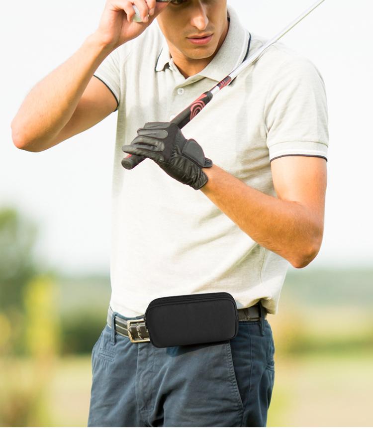 Black phone waist bag fanny pack worn across belt for hands-free movement
