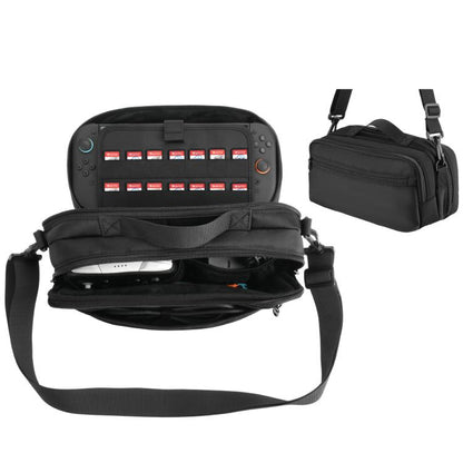 Black protective messenger bag with padded interior, open top, and adjustable shoulder strap