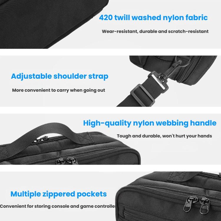 Black nylon webbing handle, adjustable strap, and multiple zippered storage pockets