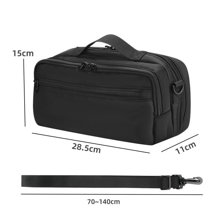 Black zippered carrying case with top handle, adjustable strap, and compact rectangular shape