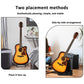 Vertical guitar stand shown in two placement angles holding an acoustic guitar