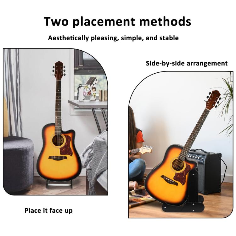 Vertical guitar stand shown in two placement angles holding an acoustic guitar